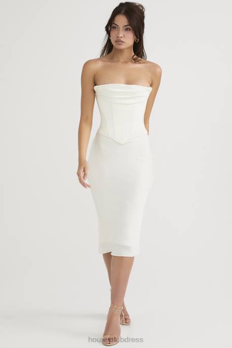 House of CB Sienna Ivory Satin Strapless Corset Midi Dress Clothing 4H6N471
