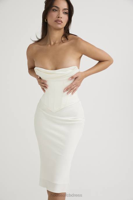 House of CB Sienna Ivory Satin Strapless Corset Midi Dress Clothing 4H6N471