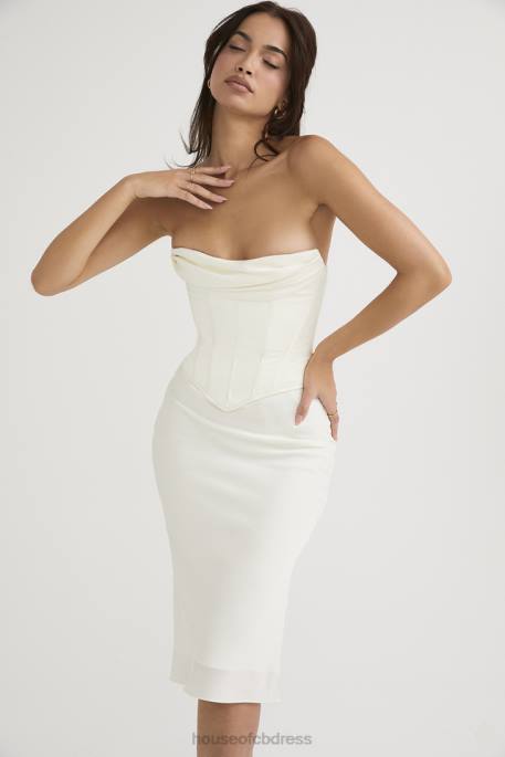 House of CB Sienna Ivory Satin Strapless Corset Midi Dress Clothing 4H6N471