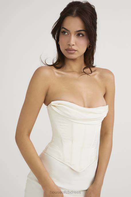 House of CB Sienna Ivory Satin Strapless Corset Midi Dress Clothing 4H6N471