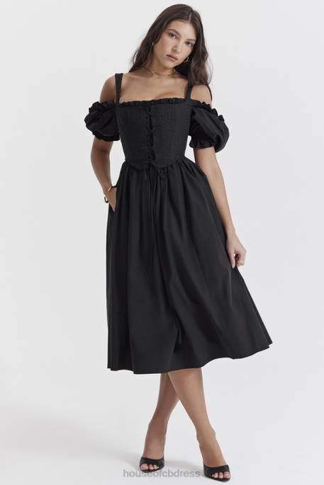 House of CB Silvana Black Puff Sleeve Midi Sundress Clothing 4H6N225