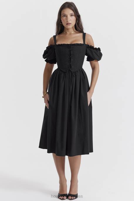 House of CB Silvana Black Puff Sleeve Midi Sundress Clothing 4H6N225