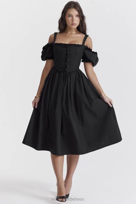 House of CB Silvana Black Puff Sleeve Midi Sundress Clothing 4H6N225