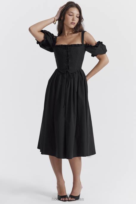 House of CB Silvana Black Puff Sleeve Midi Sundress Clothing 4H6N225