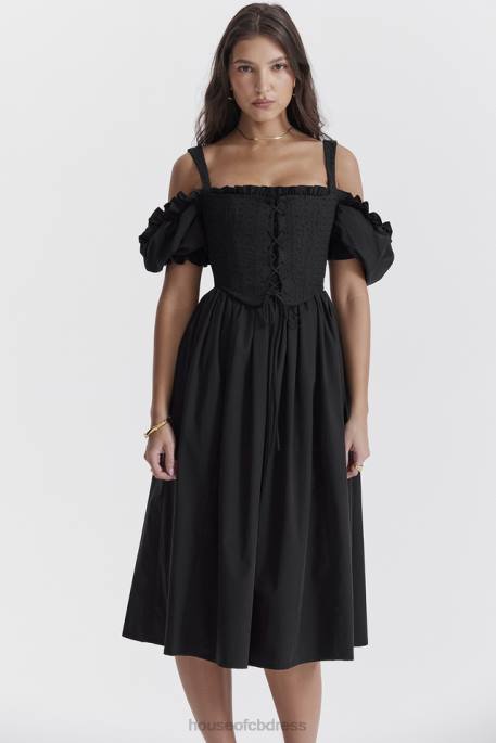 House of CB Silvana Black Puff Sleeve Midi Sundress Clothing 4H6N225