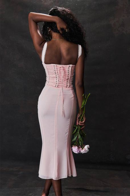 House of CB Syrah Soft Peach Lace Back Midi Dress Clothing 4H6N135