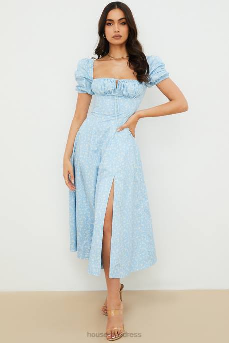 House of CB Tallulah Blue Ivory Floral Puff Sleeve Midi Dress Clothing 4H6N550