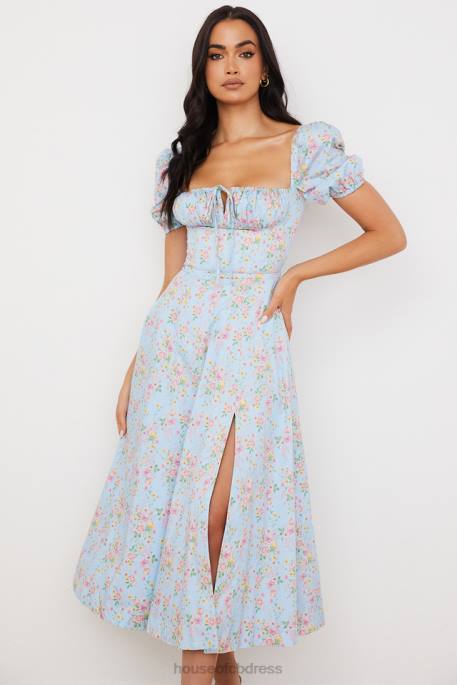 House of CB Tallulah Blue Vintage Floral Puff Sleeve Midi Dress Clothing 4H6N572