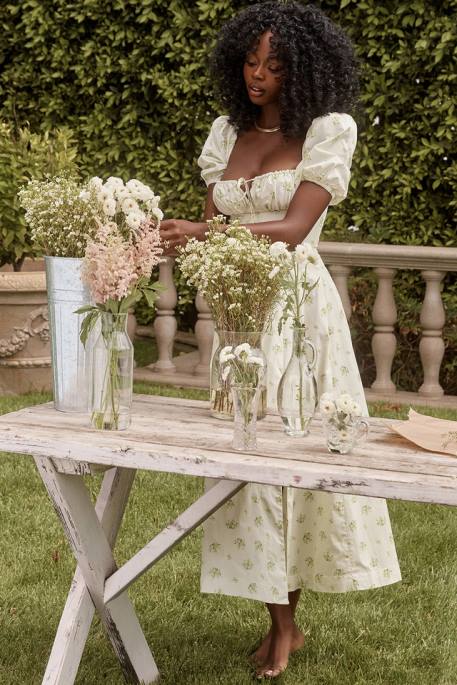 House of CB Tallulah Ivory Floral Puff Sleeve Midi Dress Clothing 4H6N561