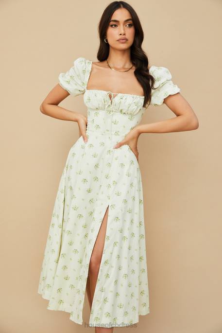 House of CB Tallulah Ivory Floral Puff Sleeve Midi Dress Clothing 4H6N561
