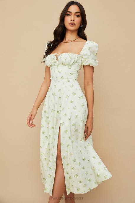 House of CB Tallulah Ivory Floral Puff Sleeve Midi Dress Clothing 4H6N561