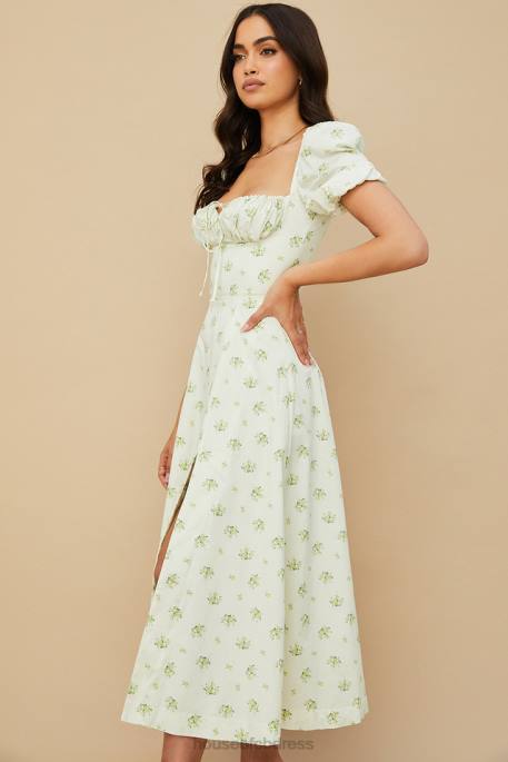 House of CB Tallulah Ivory Floral Puff Sleeve Midi Dress Clothing 4H6N561