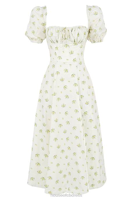 House of CB Tallulah Ivory Floral Puff Sleeve Midi Dress Clothing 4H6N561