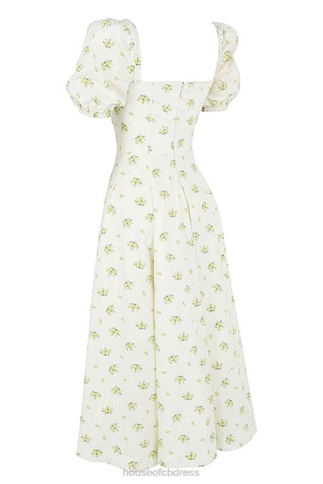 House of CB Tallulah Ivory Floral Puff Sleeve Midi Dress Clothing 4H6N561