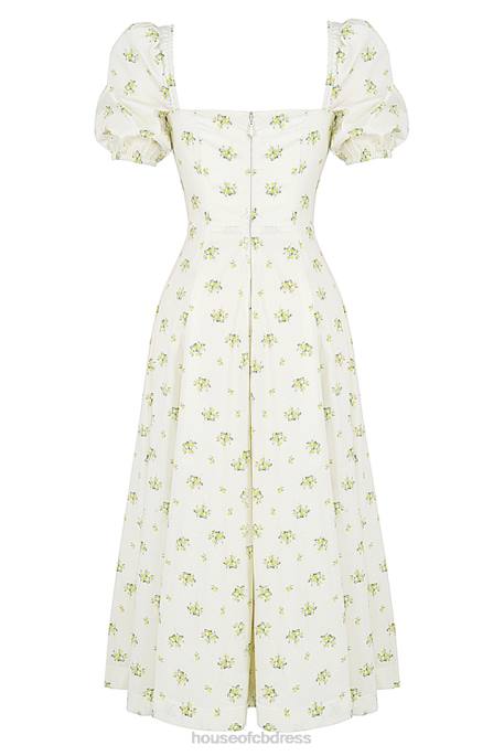 House of CB Tallulah Ivory Floral Puff Sleeve Midi Dress Clothing 4H6N561