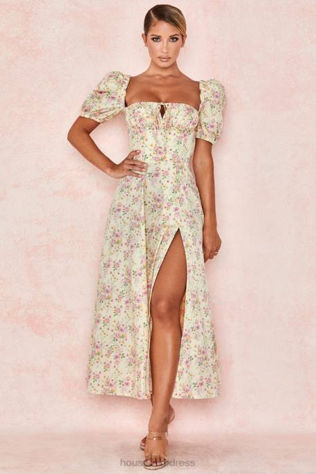 House of CB Tallulah Lemon Floral Puff Sleeve Midi Sundress Clothing 4H6N617