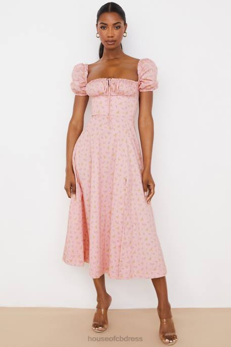 House of CB Tallulah Pink Floral Puff Sleeve Midi Dress Clothing 4H6N566