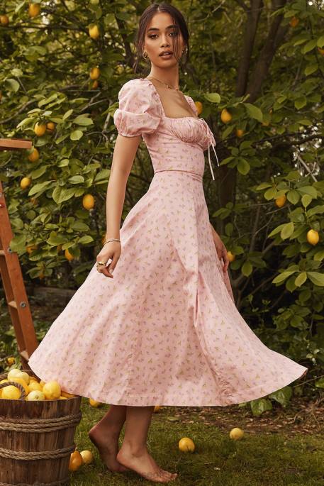 House of CB Tallulah Pink Floral Puff Sleeve Midi Dress Clothing 4H6N566