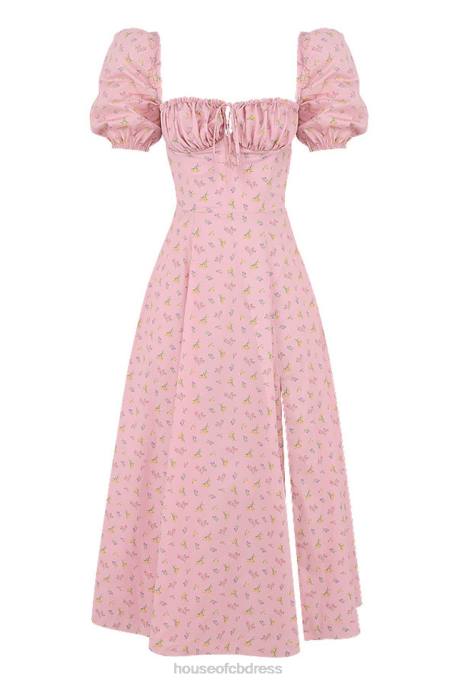 House of CB Tallulah Pink Floral Puff Sleeve Midi Dress Clothing 4H6N566