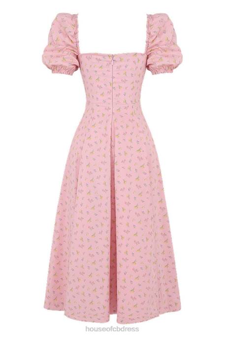 House of CB Tallulah Pink Floral Puff Sleeve Midi Dress Clothing 4H6N566