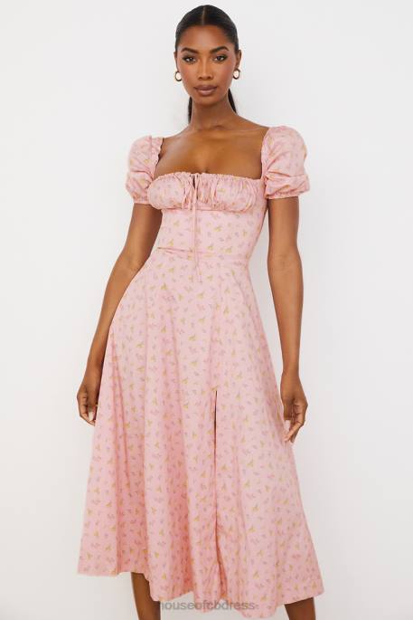 House of CB Tallulah Pink Floral Puff Sleeve Midi Dress Clothing 4H6N566