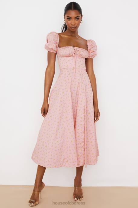 House of CB Tallulah Pink Floral Puff Sleeve Midi Dress Clothing 4H6N566