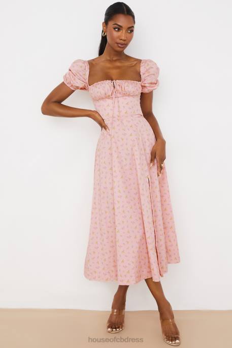House of CB Tallulah Pink Floral Puff Sleeve Midi Dress Clothing 4H6N566