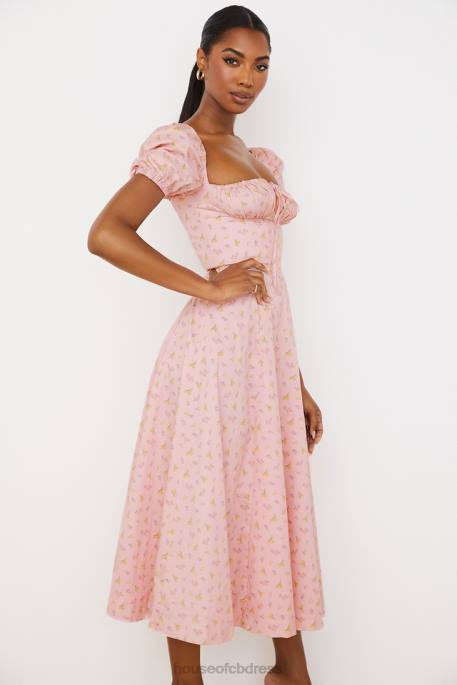House of CB Tallulah Pink Floral Puff Sleeve Midi Dress Clothing 4H6N566
