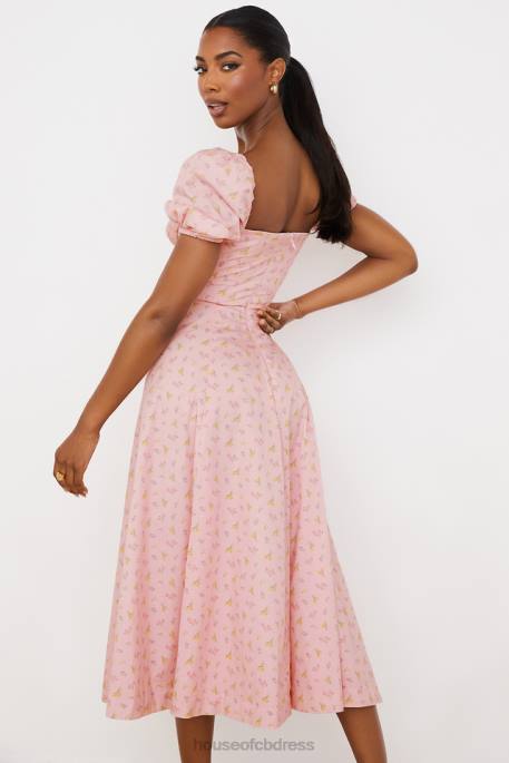 House of CB Tallulah Pink Floral Puff Sleeve Midi Dress Clothing 4H6N566