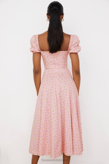 House of CB Tallulah Pink Floral Puff Sleeve Midi Dress Clothing 4H6N566