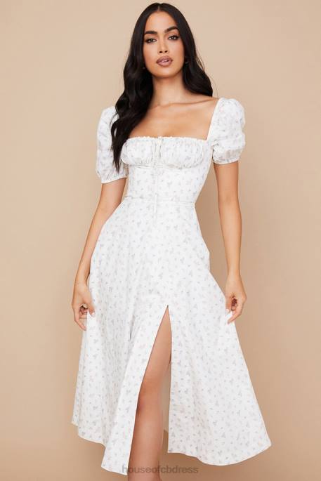 House of CB Tallulah White Floral Puff Sleeve Midi Dress Clothing 4H6N571