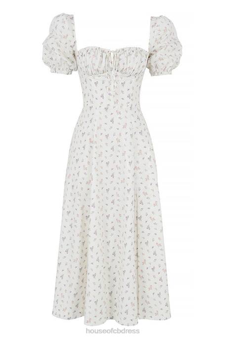 House of CB Tallulah White Floral Puff Sleeve Midi Dress Clothing 4H6N571