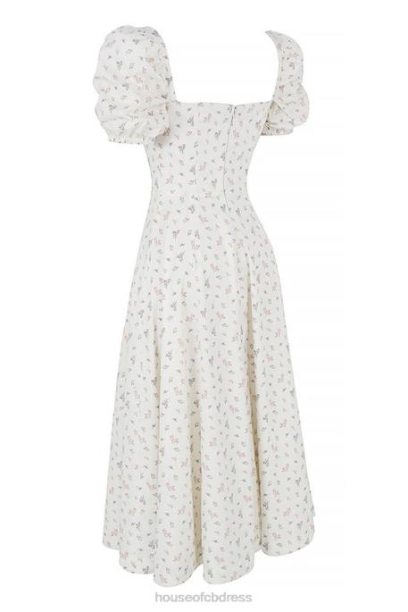 House of CB Tallulah White Floral Puff Sleeve Midi Dress Clothing 4H6N571