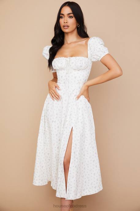 House of CB Tallulah White Floral Puff Sleeve Midi Dress Clothing 4H6N571
