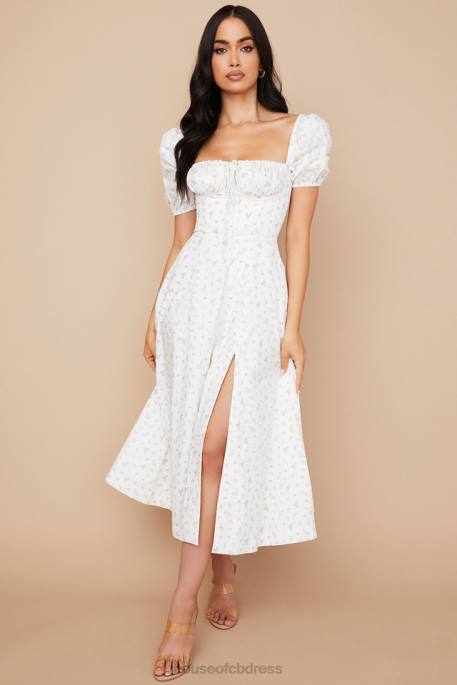 House of CB Tallulah White Floral Puff Sleeve Midi Dress Clothing 4H6N571