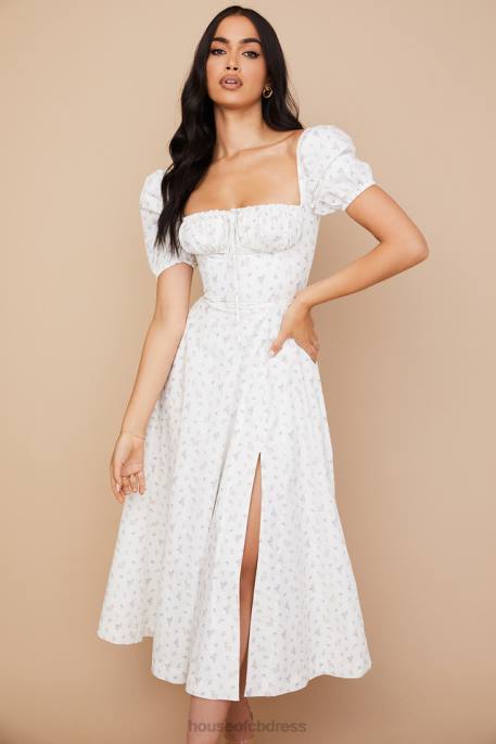 House of CB Tallulah White Floral Puff Sleeve Midi Dress Clothing 4H6N571