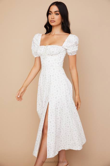 House of CB Tallulah White Floral Puff Sleeve Midi Dress Clothing 4H6N571