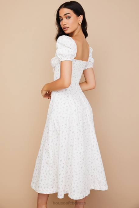 House of CB Tallulah White Floral Puff Sleeve Midi Dress Clothing 4H6N571