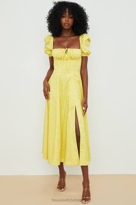House of CB Tallulah Yellow Floral Puff Sleeve Midi Dress Clothing 4H6N556