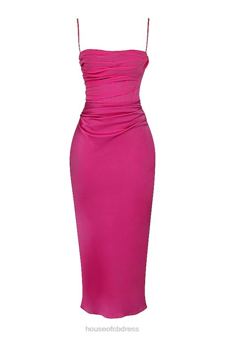 House of CB Teia Hot Pink Draped Corset Midi Dress Clothing 4H6N319