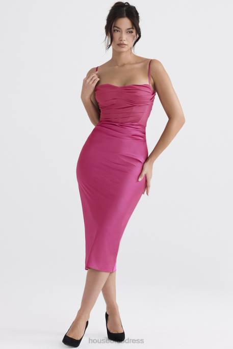 House of CB Teia Hot Pink Draped Corset Midi Dress Clothing 4H6N319
