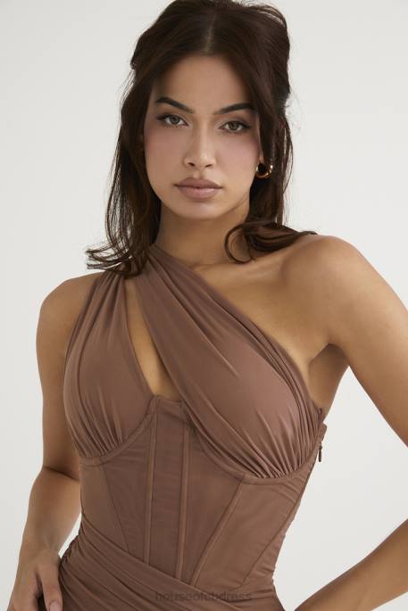 House of CB Valentina Mocha Asymmetric Cutout Midi Dress Clothing 4H6N488