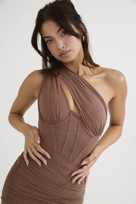 House of CB Valentina Mocha Asymmetric Cutout Midi Dress Clothing 4H6N488