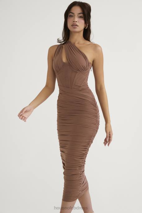 House of CB Valentina Mocha Asymmetric Cutout Midi Dress Clothing 4H6N488