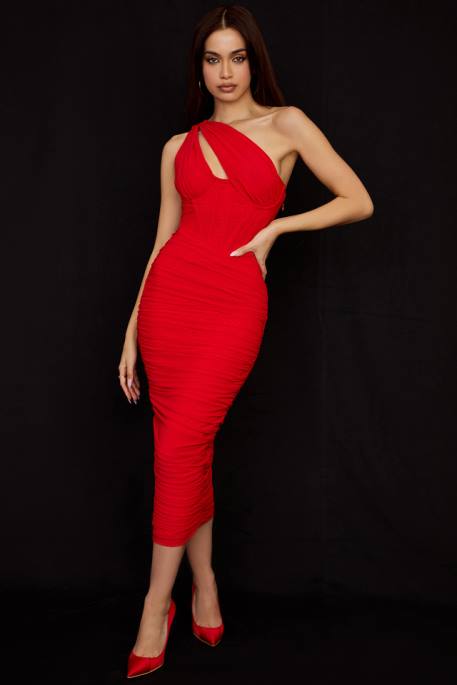 House of CB Valentina Scarlet Asymmetric Cutout Midi Dress Clothing 4H6N509