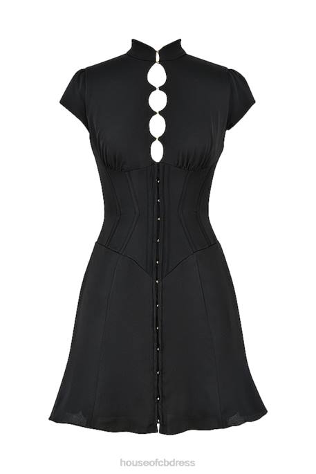 House of CB Carmina Black Satin Fluted Corset Mini Dress Clothing 4H6N493