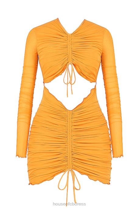 House of CB Jeanelle Orange Ruched Mesh Long Sleeve Cutout Mini Dress Clothing 4H6N533