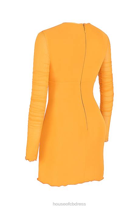 House of CB Jeanelle Orange Ruched Mesh Long Sleeve Cutout Mini Dress Clothing 4H6N533