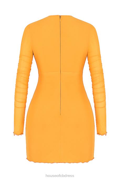 House of CB Jeanelle Orange Ruched Mesh Long Sleeve Cutout Mini Dress Clothing 4H6N533