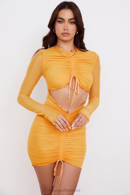 House of CB Jeanelle Orange Ruched Mesh Long Sleeve Cutout Mini Dress Clothing 4H6N533
